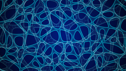 Blue Organic Cell Pattern With Neural Texture. Abstract Voronoi Network. Ai Bg With Neuron And Synapse Geometry. Cyber Grid And Mesh. Techno Background With Dynamic Lines And Curve. Biology Structure