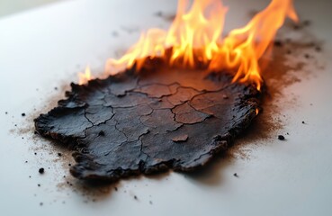 Piece of burnt paper lies on plain white surface. Bright orange flames engulf charred sheet, showing deep cracks. Fire consumes document, leaving black ash. Represents destruction, information loss,