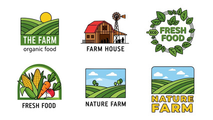 A collection of six farm and organic food logos for agriculture and nature concepts
