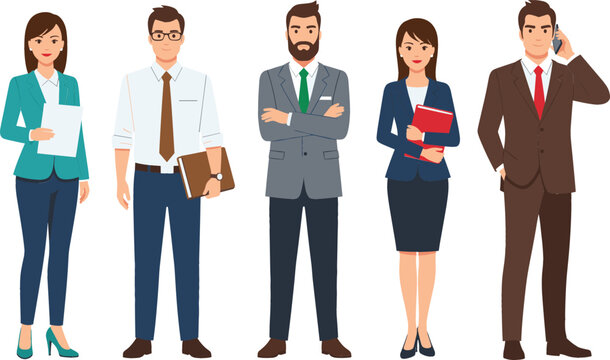 Professional business people character set featuring office workers in formal suits and corporate attire for leadership teamwork recruitment and company website design.