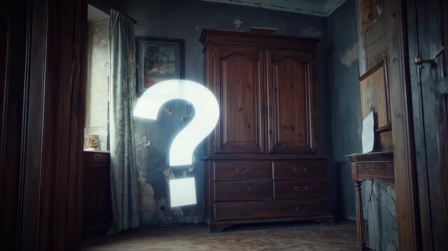 A glowing question mark floats within a dilapidated, aged room with worn walls, a wooden armoire