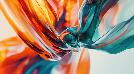 Translucent abstract shapes in vibrant orange and teal colors creating a dynamic background, reflecting light and shadow with smooth curves and a sense of fluid motion
