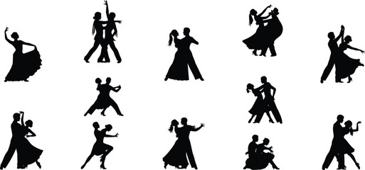 Ballroom and Latin dance silhouette poses, elegant movement couples solo, flat vector