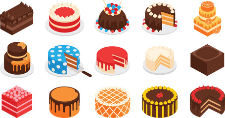  Isometric delicious cake collection featuring chocolate red velvet carrot and fruit cakes with cream frosting for bakery menu cafe and birthday party design.