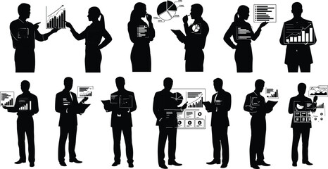 Business, data, chart, graph, analytics, dashboard, presentation, teamwork, professional, silhouette, strategy, flat vector
