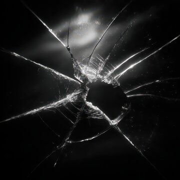 Close up of Cracked Glass Surface with Sharp Jagged Lines and Bright Light Reflections