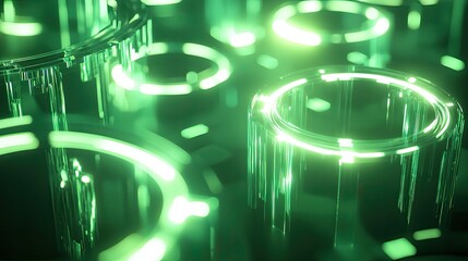 Abstract background featuring glowing translucent green rings and cylindrical shapes creating a dynamic, futuristic pattern, representing technology, data, and innovation