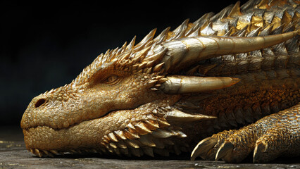 Golden Dragon Sculpture on Dark Background for Asian Luxury Theme