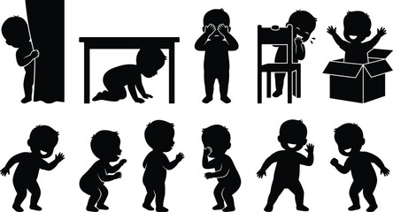 Children, Hide and Seek, Silhouettes, Playful, Dancing, Crouching, Gestures, Fun, Activity, Pose, Joy, Flat Vector