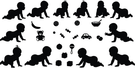 Crawling baby, sitting pose, toys, food, bowl, rattle, silhouette, playful, flat vector