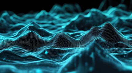 Digital landscape features a flowing grid of glowing blue particles forming an abstract wavy surface, representing data visualization, technology, or an artificial intelligence concept