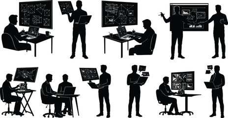 Digital analysis, data visualization, tech professionals, screen interaction, research icons, flat vector