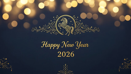 A luxurious golden happy new year 2026 greeting with elegant horse design and bokeh lights