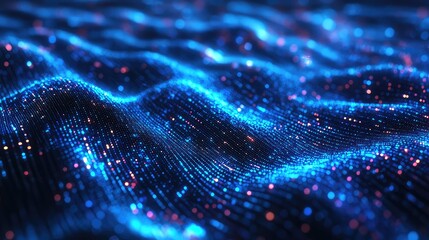 Abstract digital wave creating a dynamic flow of glowing particles representing data communication, network technology, and innovative science visualization