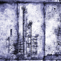 Industrial landscape with buildings and chimneys of the factory. Grunge scratch background. Monochrome illustration	
