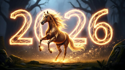 A majestic glowing horse stands between the luminous numbers 2026 in a magical forest