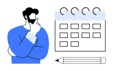 Time management, task organization, productivity, scheduling plans, project development, deadlines. Man with hand on chin beside a calendar and pencil. Time management and task organization concept