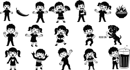 Fototapeta premium Spicy food reaction cartoons, kids sweating, crying, cooling down, chili humor, flat vector