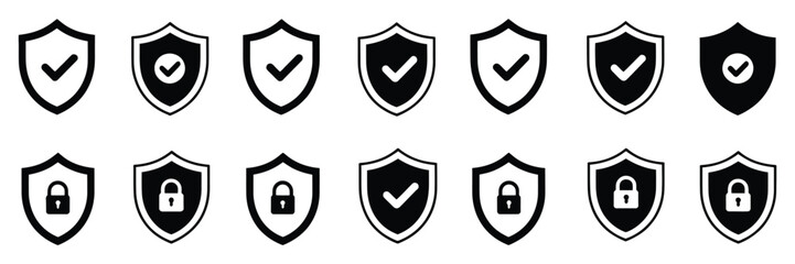 Shield Security Icon Set, vector illustration with protection icons, check mark, and lock elements, ideal for safety interfaces, cybersecurity apps © welcome 