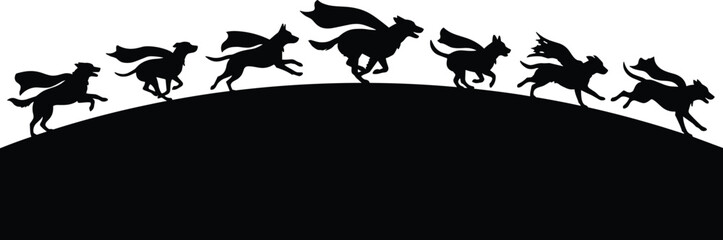 Fototapeta premium Superhero dogs running silhouette, capes flying, dynamic motion, playful scene, flat vector