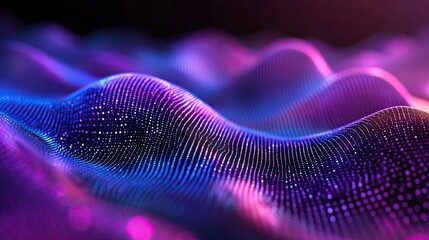 Swirling abstract digital wave surface creating a modern representation of flowing data, network connectivity, and technological innovation with glowing particles in vibrant purple and blue colors