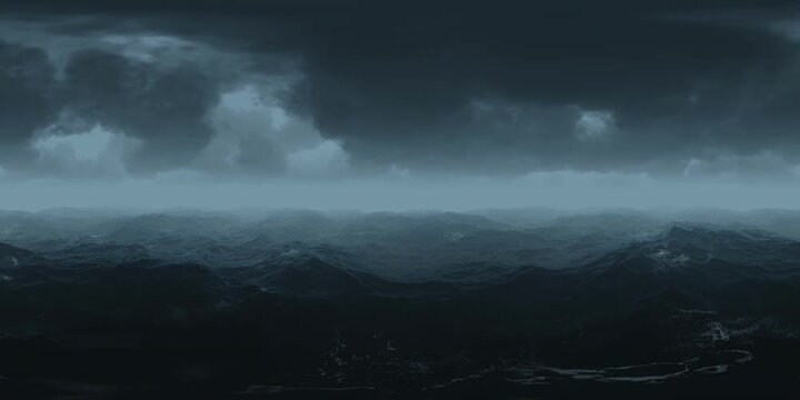 360&deg; looping animation of a powerful ocean storm with massive waves, dark clouds, and dramatic atmosphere, ideal for VR and panoramic video projects. 3D animation
