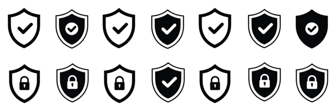 Shield Security Icon Set, vector illustration with protection icons, check mark, and lock elements, ideal for safety interfaces, cybersecurity apps