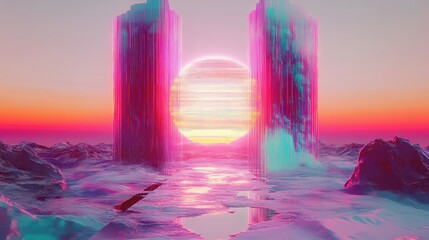 Glowing pixelated sun sits between two glitching pillars, casting neon pink, blue and purple reflections across a stylized water surface in a retrofuturistic synthwave scene