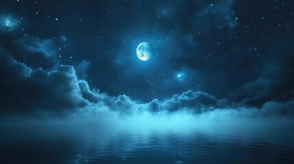 Full moon glowing brightly above serene water, reflecting the calm surface, with wispy clouds and sparkling stars creating a peaceful, mystical night scene