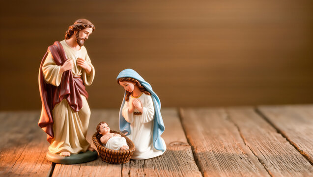 Nativity scene figurines of Mary Joseph and baby Jesus on wooden background.