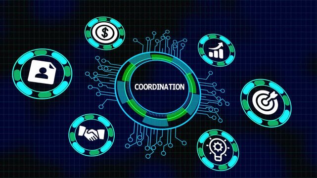 Business coordination and team alignment concept with connection icons, digital workflow interface and operational harmony system.
