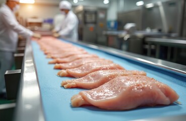 Chicken fillet production at food factory. Workers control poultry meat on conveyor line. Food industry business produces raw chicken for supermarkets and butcher shops with fresh nourishment.