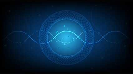 Futuristic abstract background with glowing blue waves and circular grid forms, symbolizing data flow, energy and technology