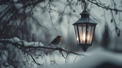 Winter Serenade: A solitary robin perches on a snow-dusted branch, illuminated by a warm lantern. capturing the serene beauty of a winter's night, conveying a sense of peace and warmth.