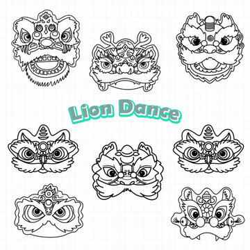 lion dance mask line art element chinese new year doodle set