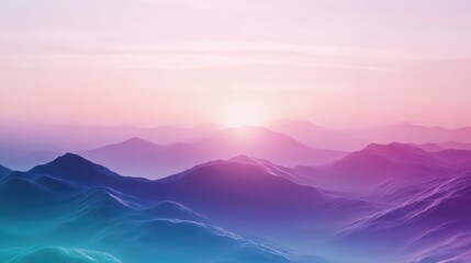 Abstract mountain range showcasing beautiful color gradients from pink and purple to blue and cyan, with a radiant sun rising above the horizon blending atmospheric layers