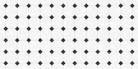 Ceramic tile seamless pattern with black diamonds for floor and wall. Square mosaic with marble texture for kitchen backsplash, bathroom, toilet floor. Retro background with tiles, vector illustration