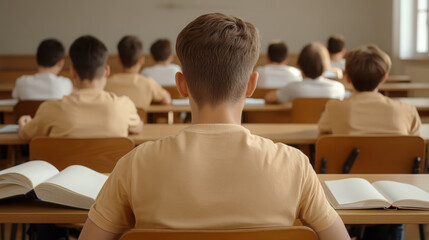 Fototapeta premium Rear view of students sitting at desks in classroom with open books, focused learning atmosphere