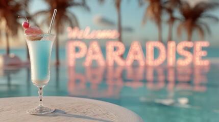 Tranquil Infinity Pool Overlooking Turquoise Sea with Refreshing Cocktail in Foreground and Lush Palm Trees in Enchanting Paradise Setting