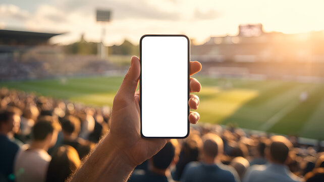Hand holding smartphone with blank screen at a crowded sports stadium during sunset