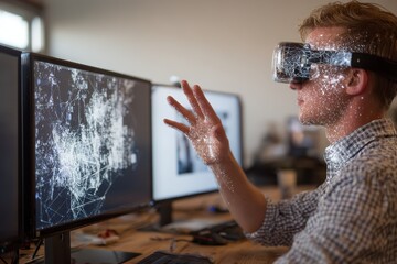 Professional examines digital analytics through virtual reality technology in a modern workspace focused on data analysis and visualization techniques during work hours