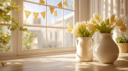 Bright and Inviting Living Room Decorated with Fresh Tulip Vases by an Open Window, Bathed in Warm Natural Light and Cheerful Details
