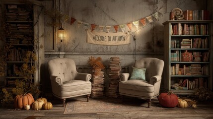 Cozy Reading Corner in a Library with Armchairs, Stacked Books, Autumn Decorations, and a Charming Atmosphere for Book Lovers