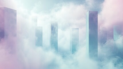 Abstract rectangular pillars are rising from a soft, ethereal cloudscape, creating a dreamlike and conceptual representation of growth, data, or digital architecture