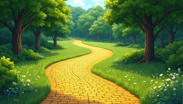 Winding yellow brick road goes through green park with trees. A scenic path leads to forest. Nature landscape with bright sunlight invites for a pleasant walk.