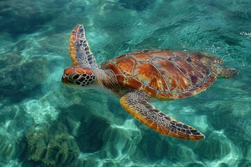 Fototapeta premium Turtle gliding gracefully through crystal clear waters near Huraa Island in the Maldives during a sunny day