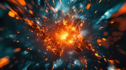 Abstract explosion radiating vibrant orange sparks and illuminated fragments outwards, representing dynamic energy, powerful force, chaos, and a striking impact in a dark, atmospheric space