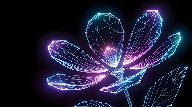 Abstract flower of luminous electric blue and violet geometric wireframes &ndash; Ideal for high-tech biology, holographic concepts, or sleek design.