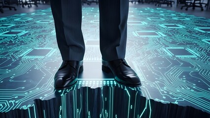 Navigating the Digital Divide: A figure in a suit stands precariously above a chasm of technology, symbolizing the complex relationship between humans and the digital realm. 