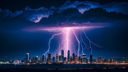 City skyline under dramatic thunderstorm with lightning
